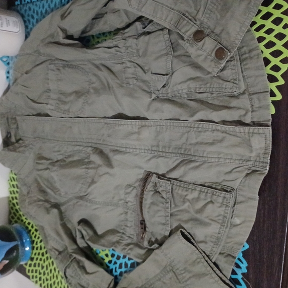 Army green Jacket,zip/button long sleeve waist sinch - Picture 11 of 17